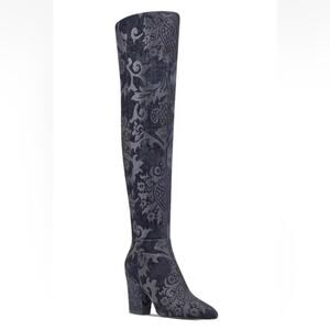 NINE WEST - Siventa Elegant Brocade Dark Blue Grey Over-The-Knee Boots, …